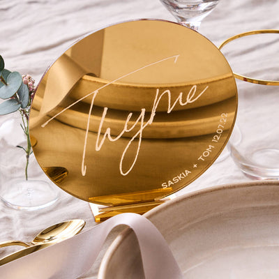Personalised Gold Mirror Circle Wedding Table Name