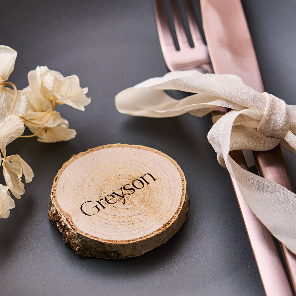 Personalised Engraved Log Slice Wedding Place Setting