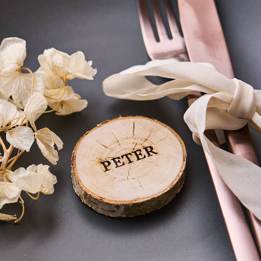 Personalised Engraved Log Slice Wedding Place Setting
